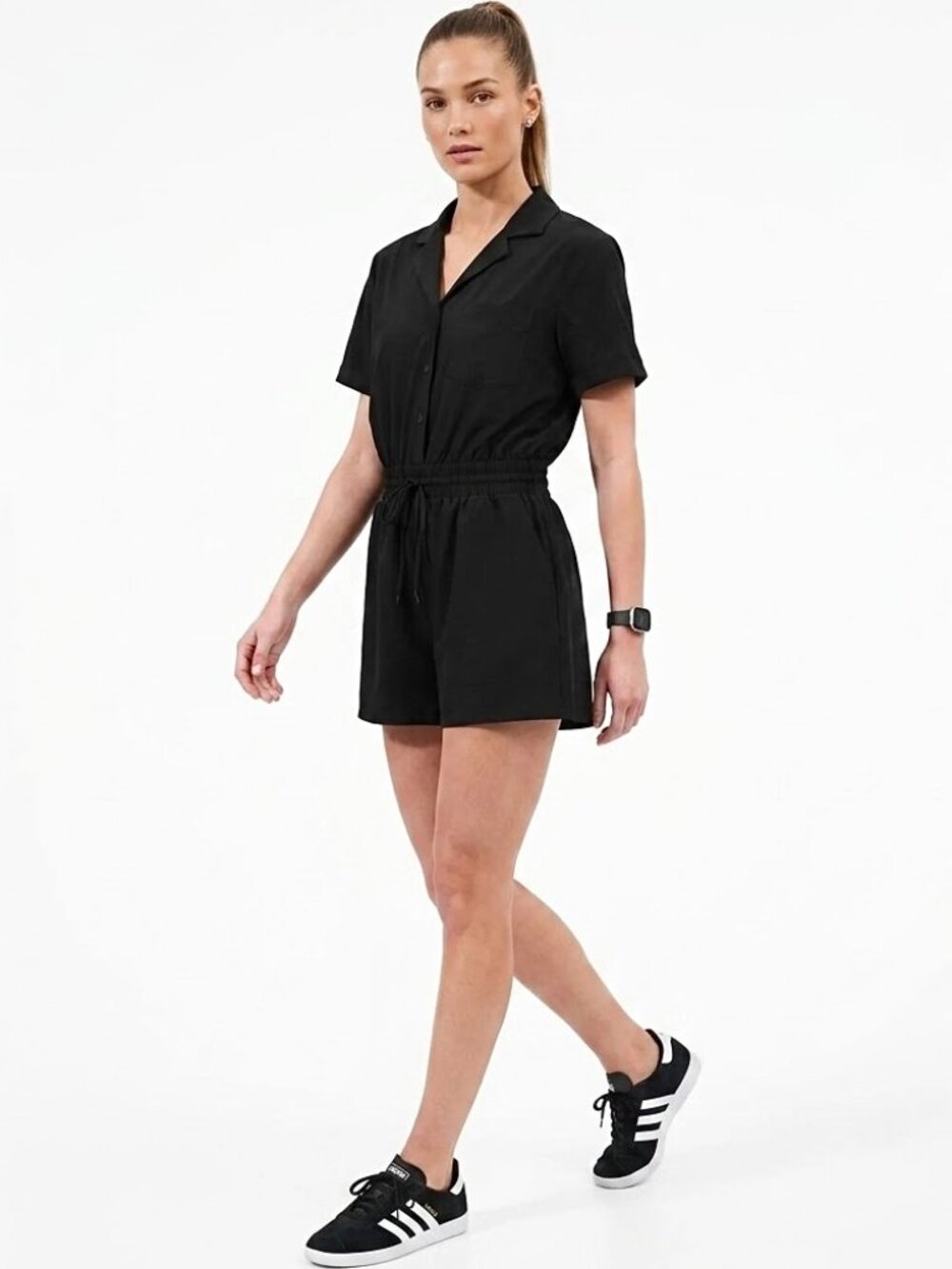 Athleta Avenue Romper Black Button-Front Sleeveless Romper – Size Medium (8-10)